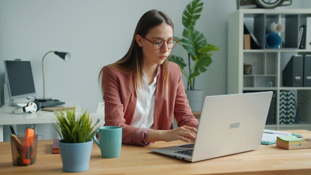 Focused professional woman using a laptop in a modern office setting.